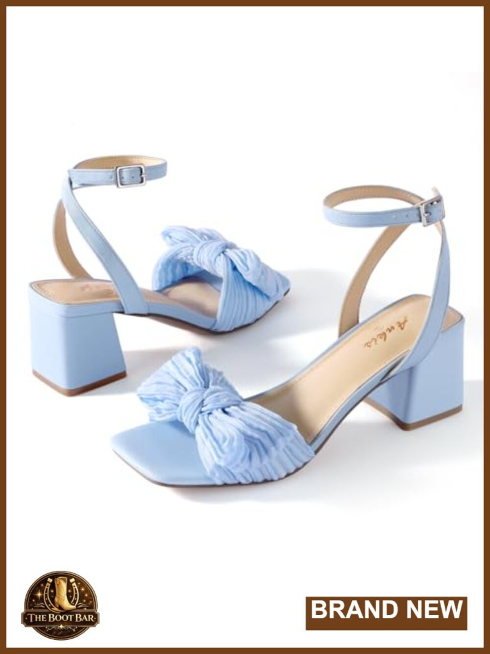 Women's Chunky Heel Wedding Sandals with Bow Ankle Strap Square Toe